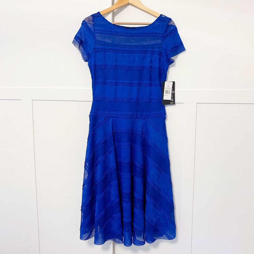 Sangria Lace Short Sleeve Flare Skirt Midi Dress Royal Blue 6 NWT